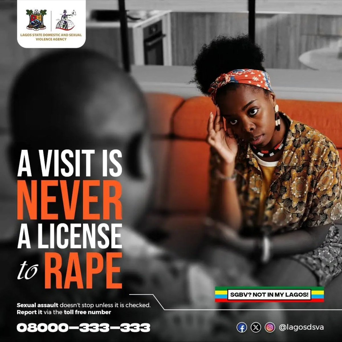 Lagosdsva's tweet photo. ‼️A visit is NOT consent.‼️

Being in someone's home, accepting an invitation, or spending time together does not mean a person has consented to sex.

Consent must be freely given, informed, and ongoing. It should never be assumed, coerced, or forced.

Everyone has the right to set boundaries, and those boundaries must be respected.

If you witness or experience any form of sexual violence, speak up and seek help. Silence protects perpetrators, reporting protects lives.

To report any form of abuse, call our toll-free line:
☎️ 0-8000-333-333

#LagosDSVA #SGBVItConcernsUsAll #SGBVNotInMyLagos #AGreaterLagosRising #LASG @followlasg