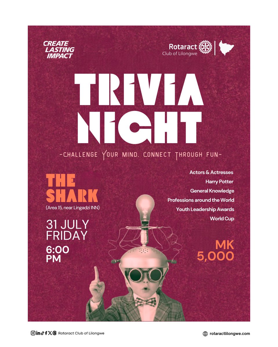RACLilongwe's tweet photo. 🧠💡 Think fast. Laugh harder. Win bigger.
Gather your team and join us for an exciting night of trivia, fun, and friendly competition! From Harry Potter and World Cup history to General Knowledge and more, there's something for everyone. https://t.co/tElBnocAtB