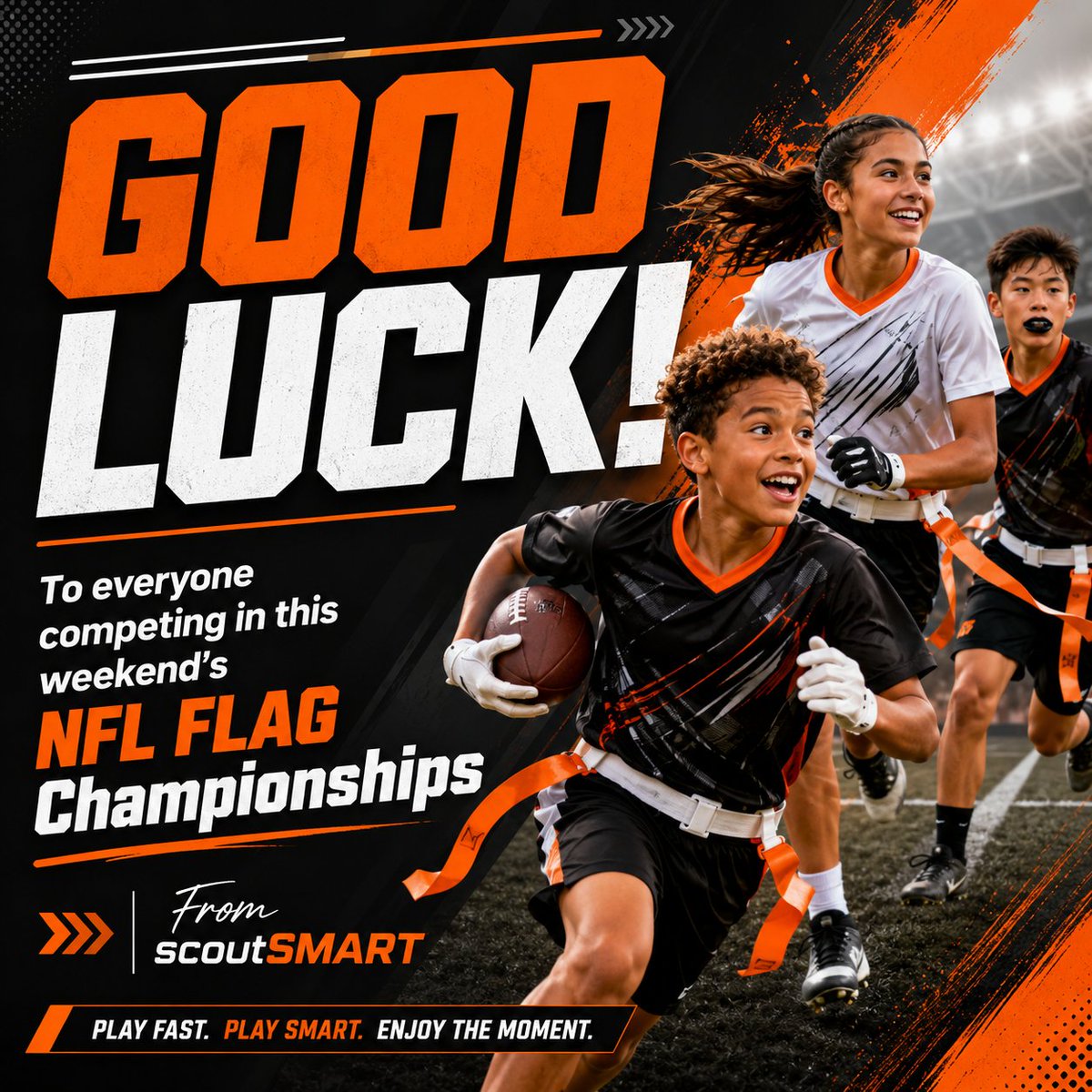 scoutSMART_'s tweet photo. Good luck to every athlete, coach, and team competing in this weekend’s @NFLFLAG  Championships! 🏈🔥
Bring the energy. Trust your team. Make your mark.

From all of us at scoutSMART, we’re cheering you on! 

#NFLFLAG #FlagFootball #ChampionshipWeekend #PlaySmart #scoutSMART https://t.co/Cepuo0JBPn