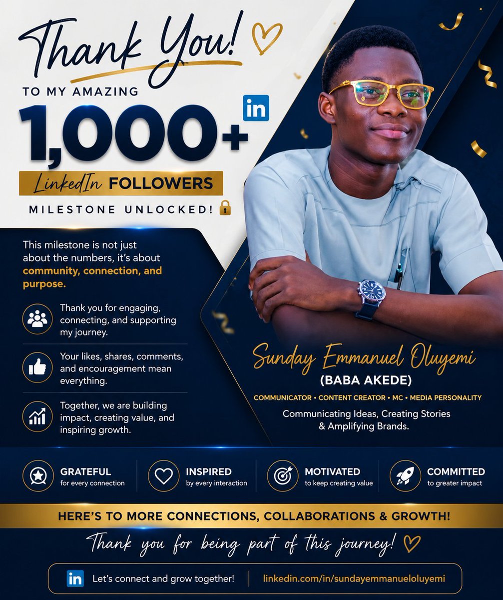 SundayEmmanuelO's tweet photo. 1,000+ LinkedIn Followers!!! 🎉

Every follow, connection, comment, share, and word of encouragement has contributed to this milestone. https://t.co/3u7vf03cqM