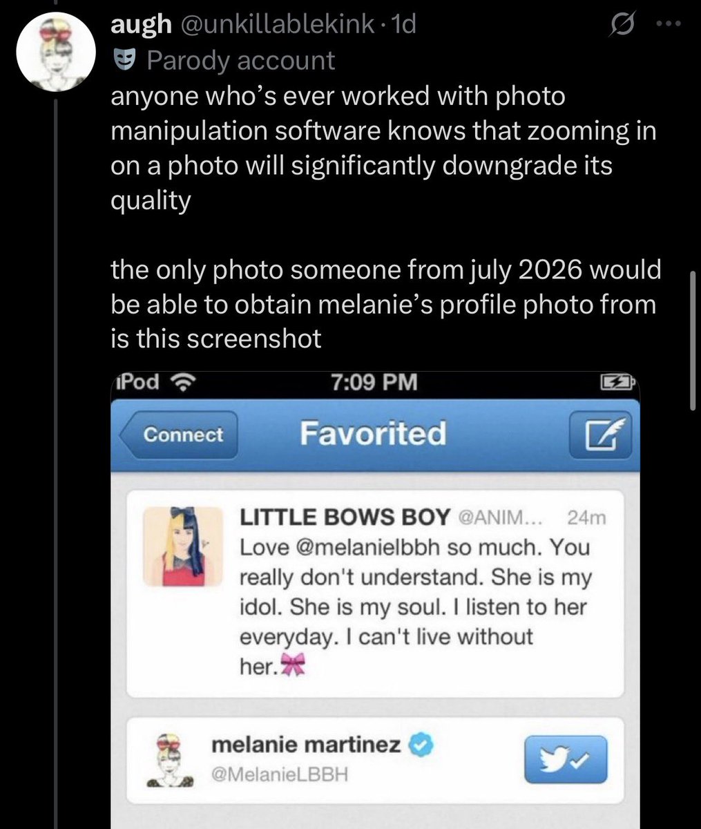 HadesGirlss's tweet photo. I just found another piece of evidence.

There’s a tweet from November 2012 containing a much higher-quality version of the same profile picture Melanie was using at the time.

This completely undermines the claim that the only way to obtain a higher-quality version of the image would be by cropping the December 7 screenshot.

In other words, that argument is simply false.

This doesn’t rule out the possibility that the image was upscaled or enhanced either. In fact, it makes that explanation even more plausible, since the alleged racist screenshot is far too low-quality to reveal the profile picture’s finer details anyway, and has small fails on the drawing.

https://t.co/zhDEoQwKv7