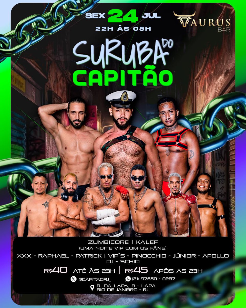 lilprinceptk's tweet photo. 🚨 SURUBA DO CAPITÃO 🚨

📅 Sexta, 24/07 | 22h às 5h
📍 @TaurusBar | Rua da Lapa, 8

🌟 Atração especial: @zumbicore & @kalefcastro (SP)

🔥 Elenco:
@Raphael_Habbib , @lilprinceptk 
Vip’s: @pinocchioofc , @junnynnhoo e @apl_rj 

🎧 @DjSchio 

🎟️ R$ 40 até 23h | R$ 45 após

📲 Informações: (21) 97650-0287
🐦 X: @capitaorj_
🔞 18+

👥 Grupo: https://t.co/5LQn4WQILE