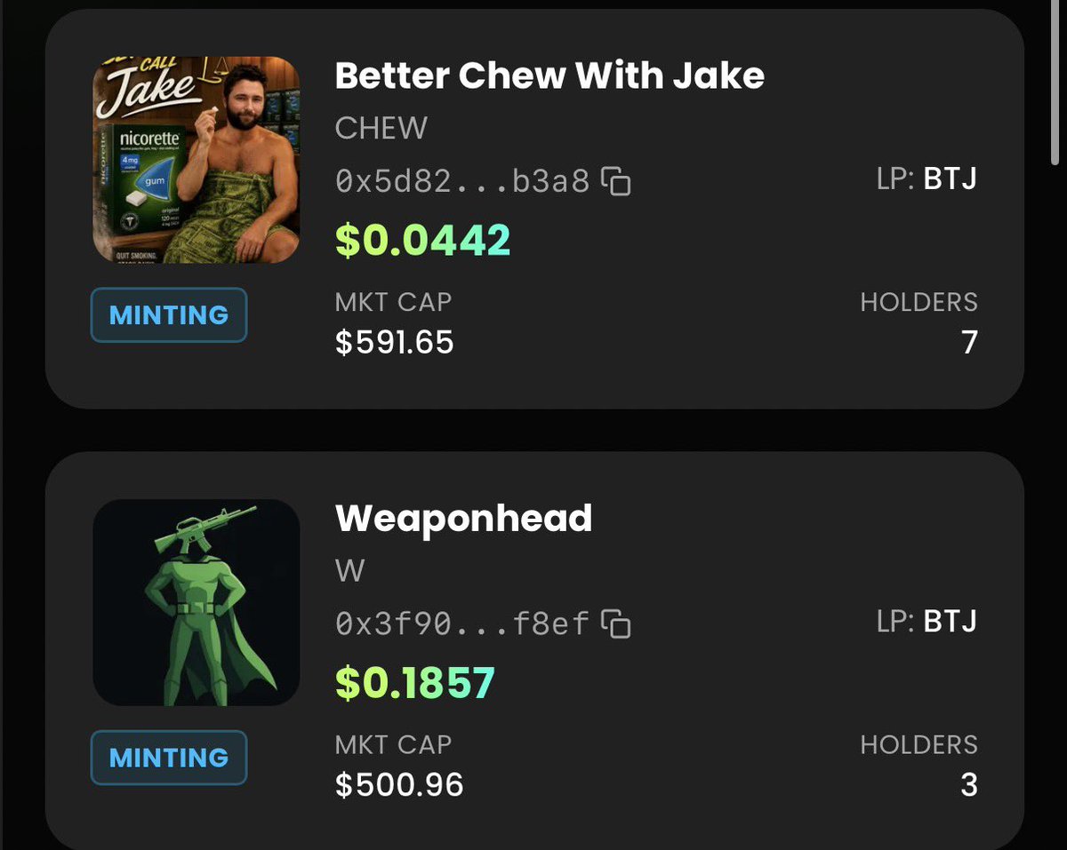 weaponheadsNFT's tweet photo. 3 funny MemeFi tokens with all 3 cool and different tokenomics launching this weekend !

All 3 with their main lp with $BTJ

$BetterCallJake is your play this weekend 
@BuilDeFi_Win https://t.co/U1PXqA992d