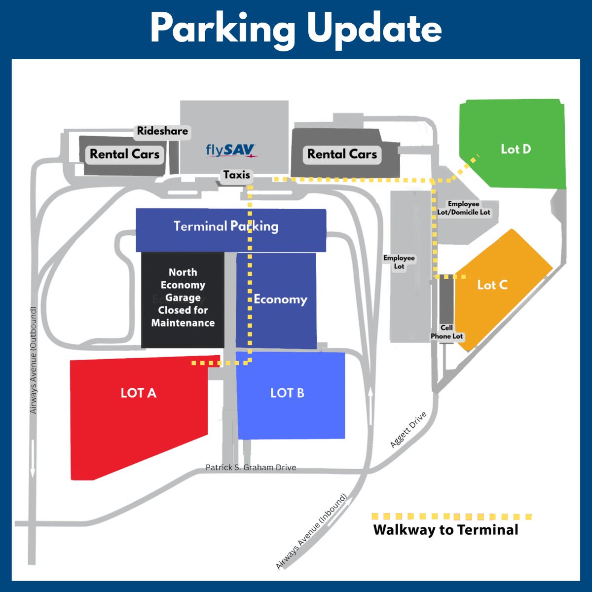 fly_SAV's tweet photo. Parking Update 7/24/26 2:00 PM
Terminal Parking: Full
Economy North: Closed for Maintenance
Economy South: Full
Lot A/Oversized: Limited 
Lot B: Full 
Lot C: Open (10-12 min walk to the terminal)
Lot D: Open (8-10 min walk to the terminal)
Valet: Open. Return pickup may be delayed.