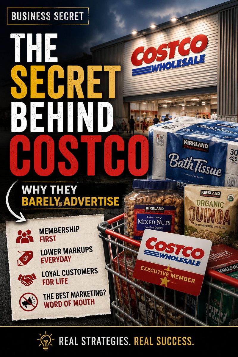 SavannahP9091's tweet photo. Costco barely advertises. Yet it has built one of the world's most powerful retail businesses.

The secret? A membership model, low prices, limited selection—and millions of loyal customers who spread the word.

Is Costco's biggest marketing strategy actually its customers? 👀 https://t.co/Y89qsfQxf5