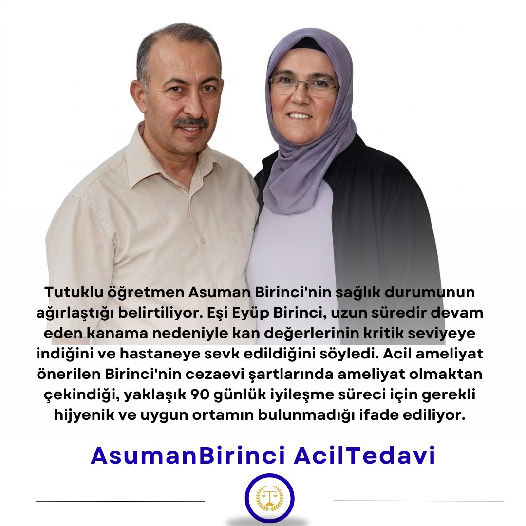 MiyaKontesss's tweet photo. Asuman Birinci, uzun süredir devam eden kanama nedeniyle tekerlekli sandalyeyle görüşe getirildi. Doktorların acil ameliyat önerdiği belirtilirken, cezaevi şartlarında ameliyat ve iyileşme sürecini geçirmekten korktuğu ifade ediliyor.
@meraldanis
AsumanBirinci AcilTedavi https://t.co/Q9vvaeioxr