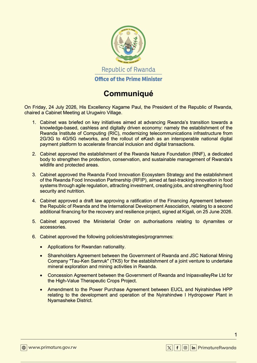 PrimatureRwanda's tweet photo. Statement on Cabinet Resolutions of 24 July 2026 https://t.co/srVo2Z3Wht