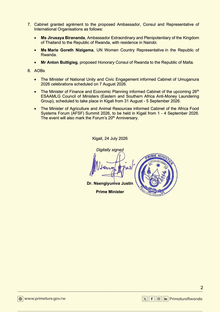 PrimatureRwanda's tweet photo. Statement on Cabinet Resolutions of 24 July 2026 https://t.co/srVo2Z3Wht