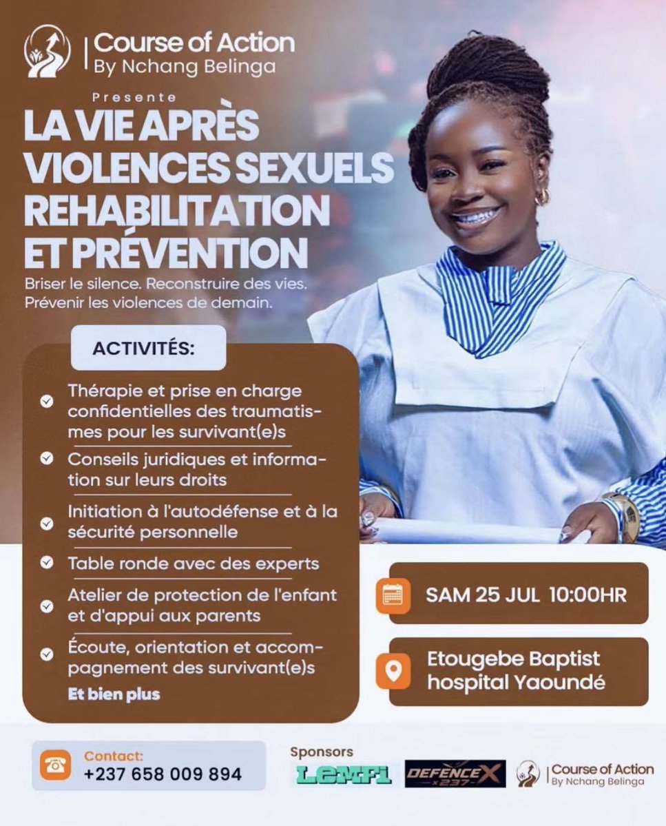 TeleAsuOfficiel's tweet photo. 🤌COUP DE COEUR - Notre coup de cœur de cette semaine est la tiktokeuse Nchang Belinga (https://t.co/ZX0hlS0KBN) qui dénonce depuis quelques jours avec acharnement les abus sexuels sur mineur.e.s.

L'entrepreneure et influenceuse culinaire à laissé les couteaux de la cuisine pour transporter dans les marchés de Yaoundé son micro et son haut parleur afin de conscientiser la population sur les méthodes servant à éviter abus, v*ols et ped0ph*lie. Adulte comme enfants, tous sont concernés.

Son combat mené à travers « Course of Action By Nchang Belinga » l'amène à organiser une rencontre ce samedi 25 juillet à 10 h, pour échanger et parler des méthodes d’accompagnement. Cela se passera à l’hôpital Baptiste d’Etougebe, à Yaoundé.

Au programme : soutien, conseils pratiques, initiation à la sécurité personnelle, ateliers et discussions avec des spécialistes. On vous conseille d'y aller....

Infoline : +237 658 009 894)

#TéléAsu