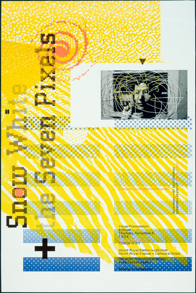 hollycurates's tweet photo. April Greiman was one of the first graphic designers to use a computer as a creative tool. in 1986 she made one of the earliest digitally produced graphic design pieces on a Mac, it took over an entire issue of Design Quarterly, and instead of the usual magazine format, it was a huge double-sided foldout (check out the 4th pic)

1/ Pacific Wave, 1987
2/ Snow White + the Seven Pixels, An Evening with April Greiman, 1986
3/ AIGA Comm Graphics, 1994
4/ Design Quarterly, no. 133, “Does It Make Sense?”, front and back, 1986