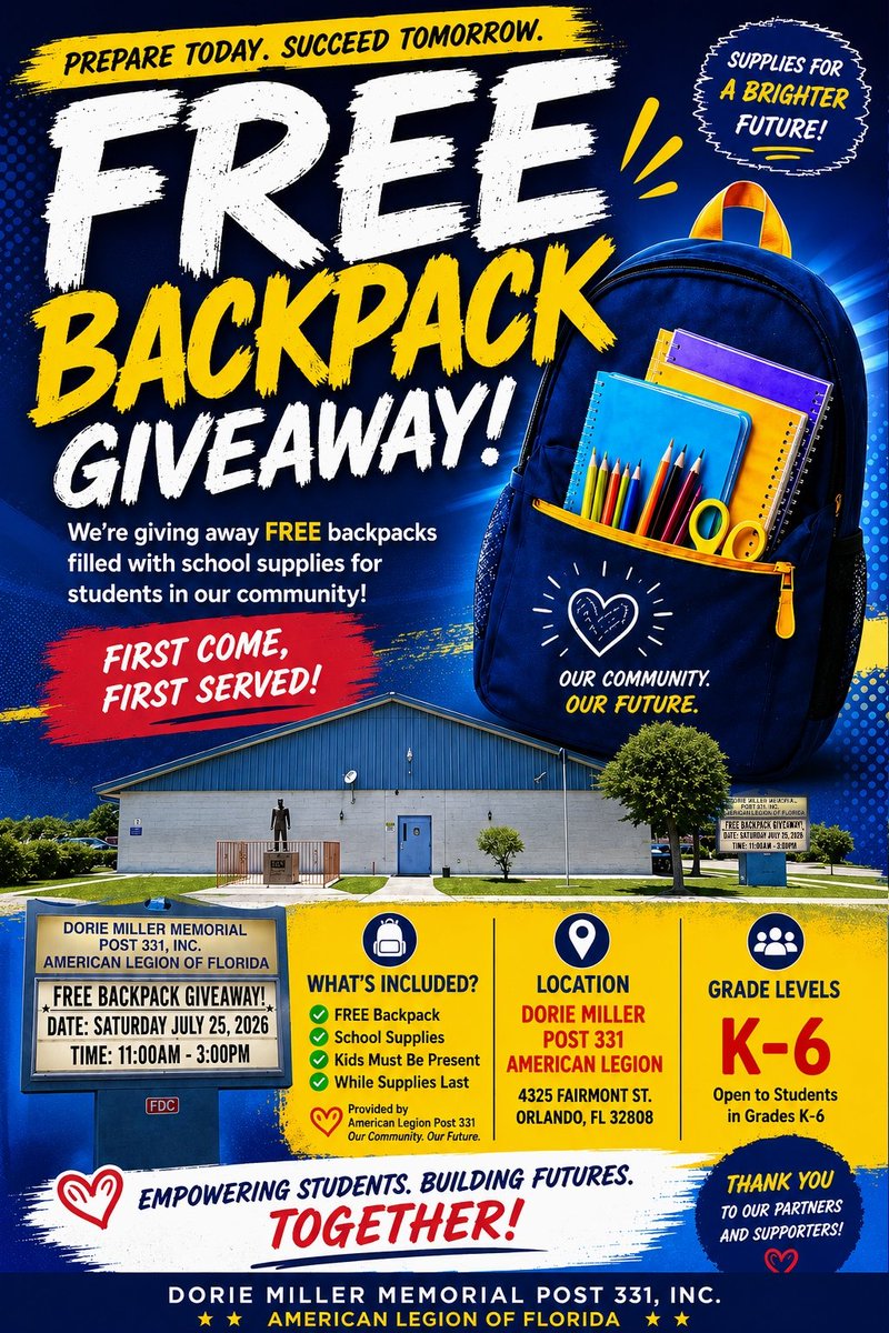 SnakeBrowm's tweet photo. 🎒 FREE BACKPACK GIVEAWAY – TOMORROW! 🎒

📍 Dorie Miller Memorial American Legion Post 331
4325 Fairmont Street, Orlando, FL 32808 https://t.co/IsBzPke4SN