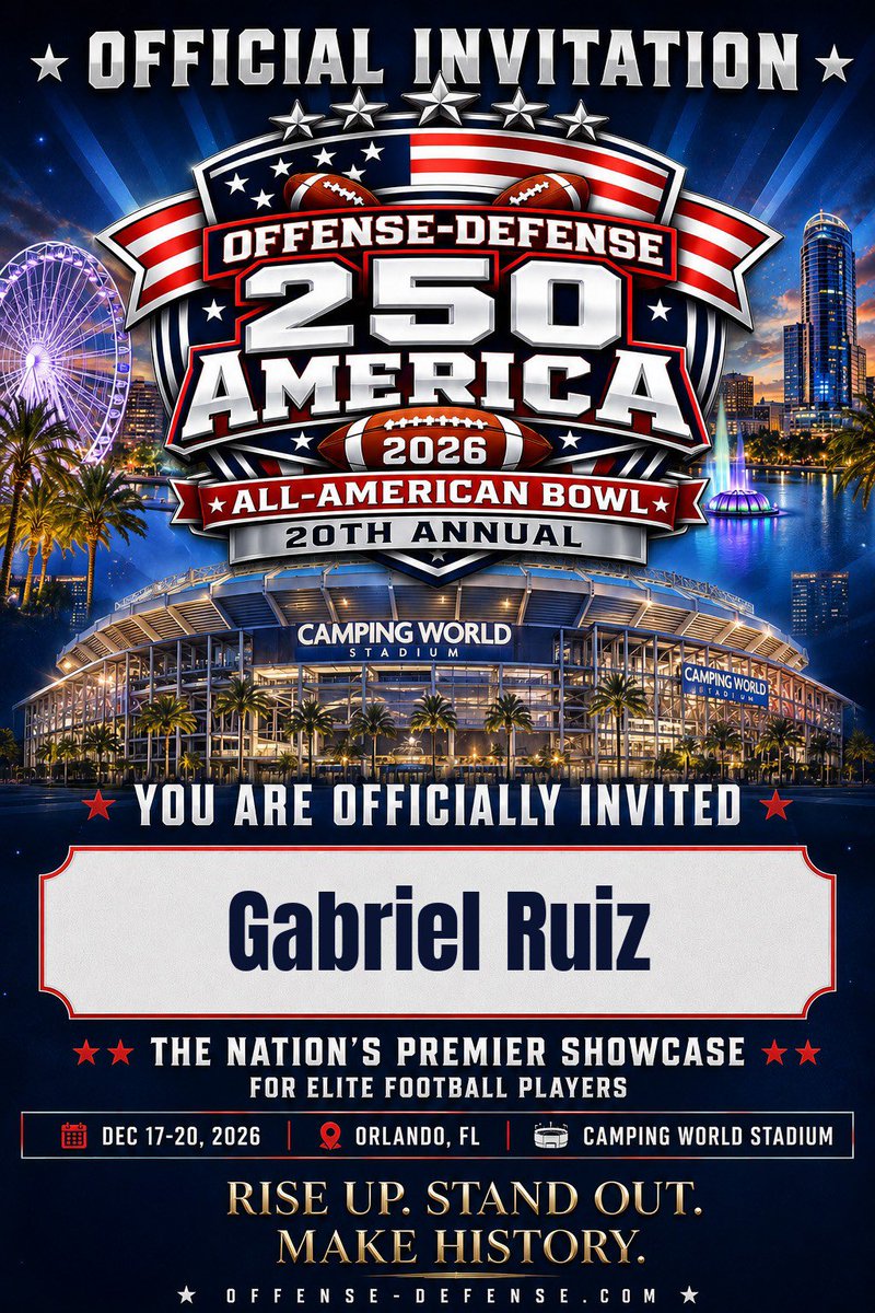 GabrielRuiz2011's tweet photo. Grateful to receive an official invitation to the 2026 Offense-Defense All-American Bowl at Camping World Stadium in Orlando, FL! Thank you to the @ODFootball staff for this incredible opportunity.  #OffenseDefense #AllAmericanBowl #ClassOf2030 #OL #TrenchMob #ODAllAmericanBowl https://t.co/fAlmed2DCk