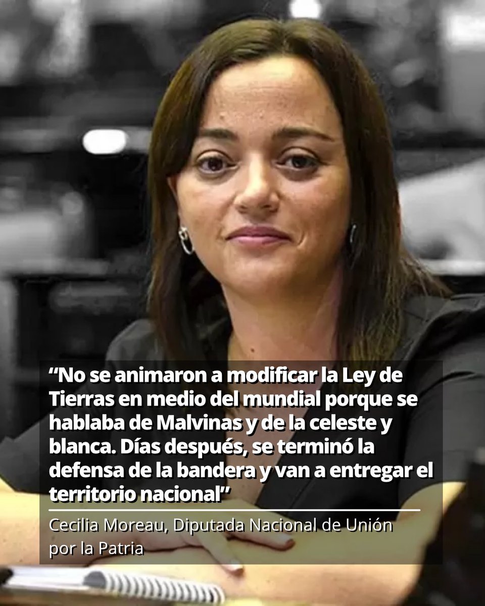 Budijoly's tweet photo. 1. La Diputada Nacional @ceciliamoreauok sentenció que en el gobierno "no se animaron a modificar la Ley de Tierras en medio del mundial porque se hablaba de Malvinas y la celeste y blanca.
Días después, se terminó la defensa de la bandera y van a entregar el territorio nacional" https://t.co/zTMMAMBnIY