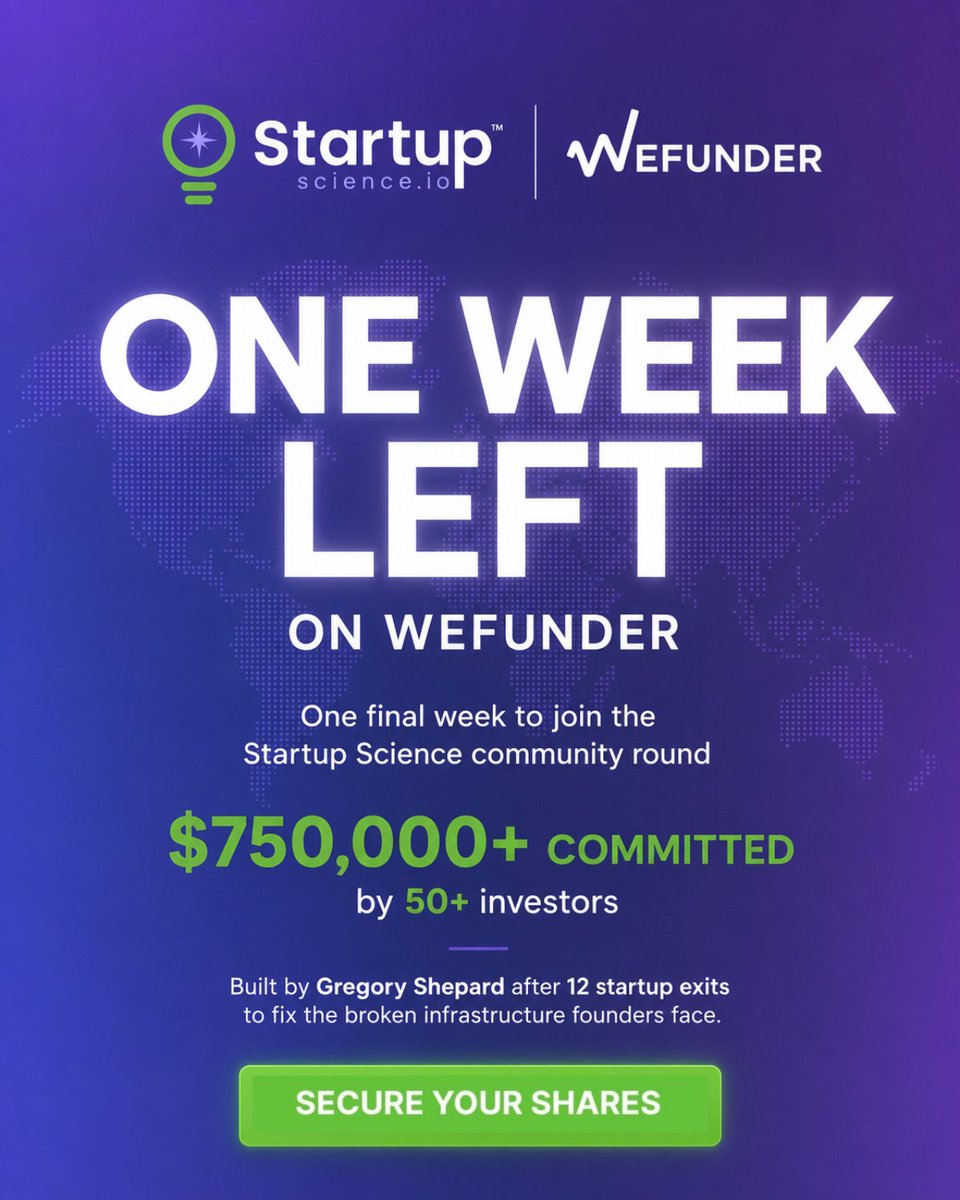 startupscience_'s tweet photo. Our community round closes in one week - Friday, July 31.

When Startup Science opened its round on WeFunder, the goal was simple: give the founders, operators, and program leaders who understand this problem the opportunity to own a piece of the solution.

Today, more than $750,000 has been committed by 50+ investors, many of whom have experienced the same challenges Startup Science was built to solve.

After building and exiting 12 companies, our founder, Gregory Shepard, saw the same pattern repeatedly:

Founders do not fail because they lack ambition or work ethic. They struggle because the infrastructure surrounding them is fragmented, inconsistent, and rarely designed around the realities of the startup lifecycle.

Startup Science exists to change that by giving founders and startup programs one structured system to understand where they are, what matters now, and what comes next.

One week remains.

Learn more and join the round: https://t.co/w45W1lUBf4

Our team is available to answer any questions.