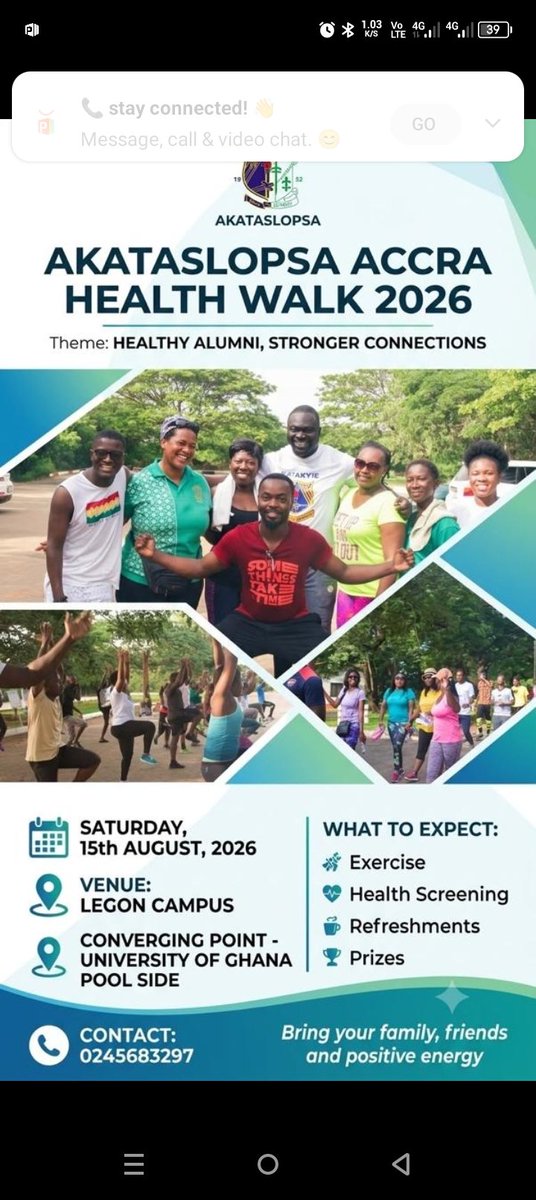 slopsaglobal's tweet photo. 🚶🏾‍♂️ AKATASLOPSA ACCRA HEALTH WALK 2026
Join the #AKATASLOPSA Accra Alumni family for an exciting Health Walk 2026 under the theme:
“Healthy Alumni, Stronger Connections.”

📅 Date: Saturday, 15th August 2026
📍 Venue: University of Ghana Pool Side at 6:30am
Don't miss it! https://t.co/yax6VteDIP