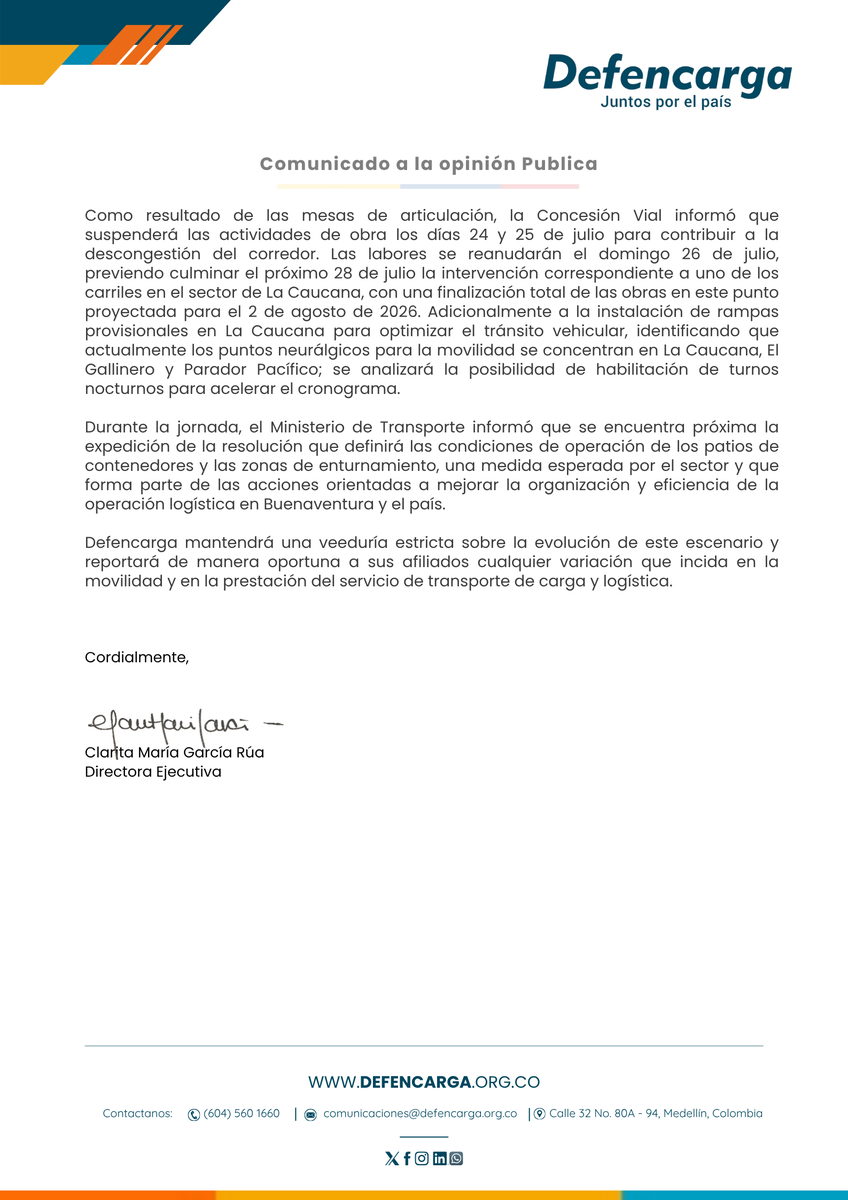 DefencargaCo's tweet photo. Ante las afectaciones viales de la semana en #Buenaventura, #Defencarga tomó parte en la mesa de trabajo interinstitucional entre entidades gubernamentales y diferentes actores de la cadena logistica, para conocer medidas de normalización del corredor. 

👉La Concesión Vial suspenderá obras el 24 y 25 de julio para descongestionar la vía, proyectando finalizar el 2 de agosto. 

🔗 Lee el comunicado completo.👇👇

#Colombia #Logistica #TransporteDeCarga #Transporte #Movilidad