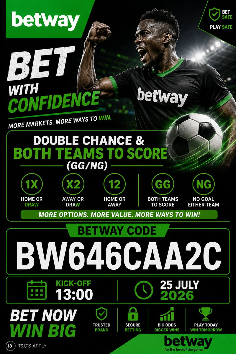 NgobeniAssist's tweet photo. ๐ข Betway Code: BW646CAA2C
Use the code, back your prediction, and let's see how it plays out. ๐
Who are you backing today? ๐
#Betway #BetwayCode #Football #Soccer #BettingTips #DoubleChance #GGNG #MatchDay https://t.co/rpWlmppnrN
