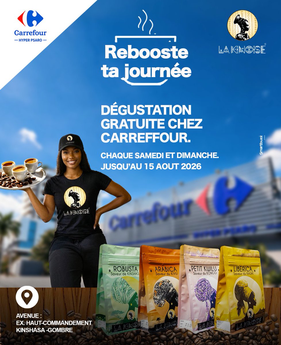 CafeKinoise's tweet photo. ☕️ Alerte dégustation gratuite à #Kinshasa !
Retrouvez #LaKinoise chez Carrefour Hyper Psaro (Gombe) chaque samedi et dimanche jusqu'au 15 août 2026. Venez savourer le meilleur du café 100% congolais ! 🇨🇩
📍 Ex. Haut-Commandement
Rebootez votre week-end !
🚀#MadeInDRC #Gombe https://t.co/8AeDyuEAgR