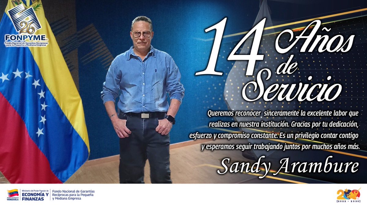 FONPYME_VE's tweet photo. Hoy celebramos 14 años de dedicación, esfuerzo y compromiso de nuestro compañero Sandy Arambure. 👏✨

Gracias por ser pieza clave en la familia de @Fonpyme_ve. ¡A seguimos sumando años de trabajo por nuestro país! 🇻🇪💪 https://t.co/GeYZ79zdMN