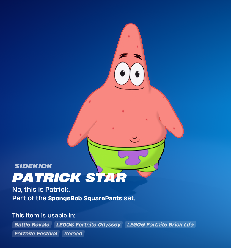 FireMonkey's tweet photo. The Patrick Star Sidekick has had all custom names removed from him in Fortnite.

He is no longer Rick, Barnacle Star, The Elastic Waistband, Patricia Star, or any other name. 

He is simply Patrick Star. https://t.co/10KxpnFwHF