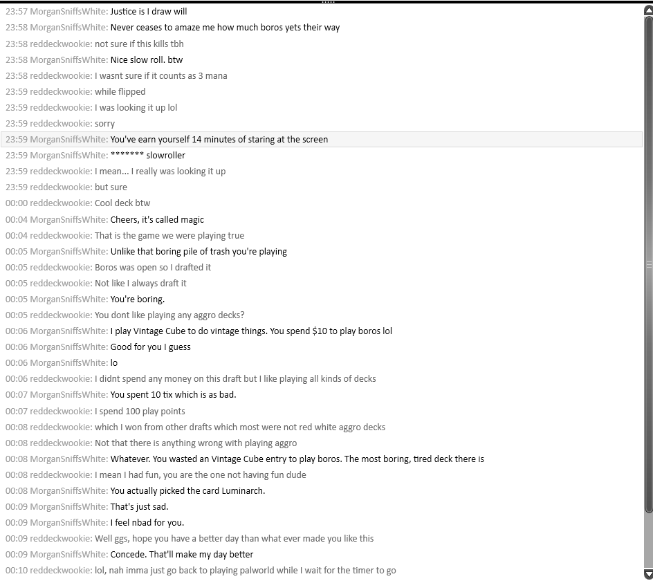 GingerRavenSW's tweet photo. What is going on with people on mtgo atm, I never used to get people like this now two over two days.
All because I played Boros in cube and took 2 mins to figure out if fable was 3 mana when flipped so I could kill him or not with bombardiers
#mtgo #mtgcube https://t.co/Wq85KUbPjh