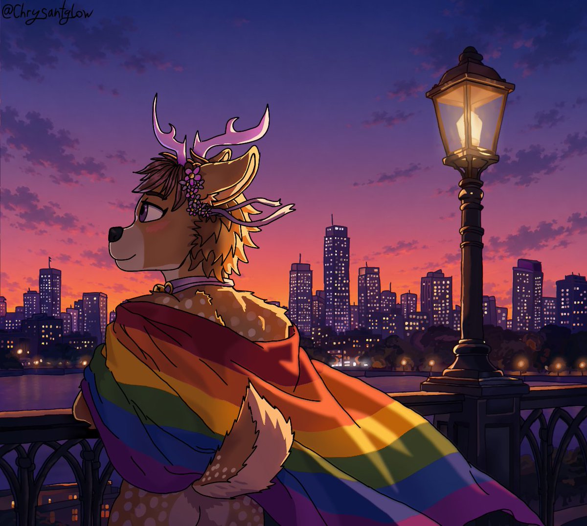Chrysantglow's tweet photo. Phew, I finally finished this drawing for Pride Month. It's rather symbolic that, at the end of the month, we see a sunset here 🦌✨🏳️‍🌈
#Furry #FurryCommunity #FurryArt #PrideMonth #gay #cute #FurryPride #FurryPrideMonth https://t.co/VQUD9KFsCh