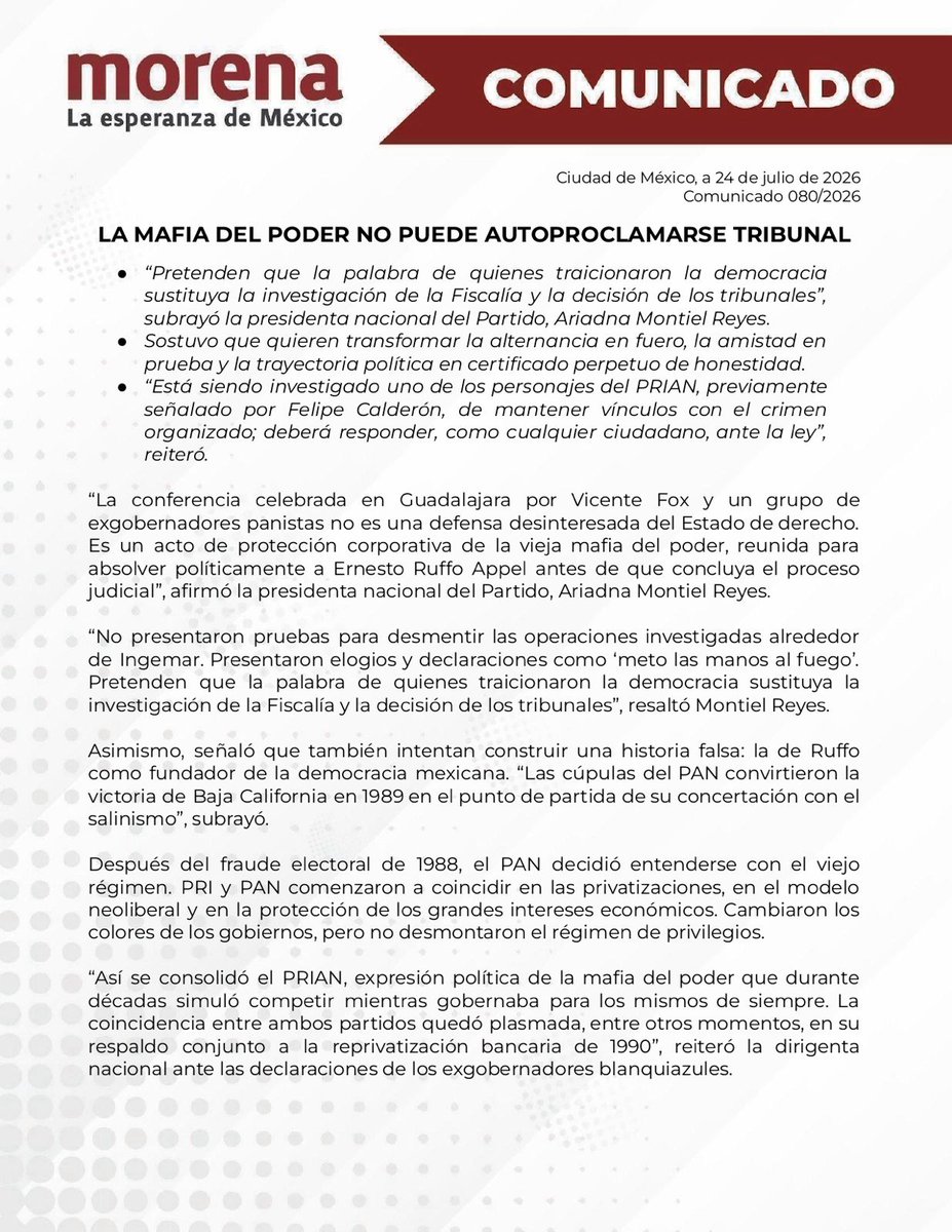 PartidoMorenaMx's tweet photo. 📌📰 El CEN de Morena comparte el siguiente comunicado de prensa:

LA MAFIA DEL PODER NO PUEDE AUTOPROCLAMARSE TRIBUNAL

“Pretenden que la palabra de quienes traicionaron la democracia sustituya la investigación de la Fiscalía y la decisión de los tribunales”, subrayó la presidenta nacional del Partido, @A_MontielR.

🔗 https://t.co/3RAvxjs5aR