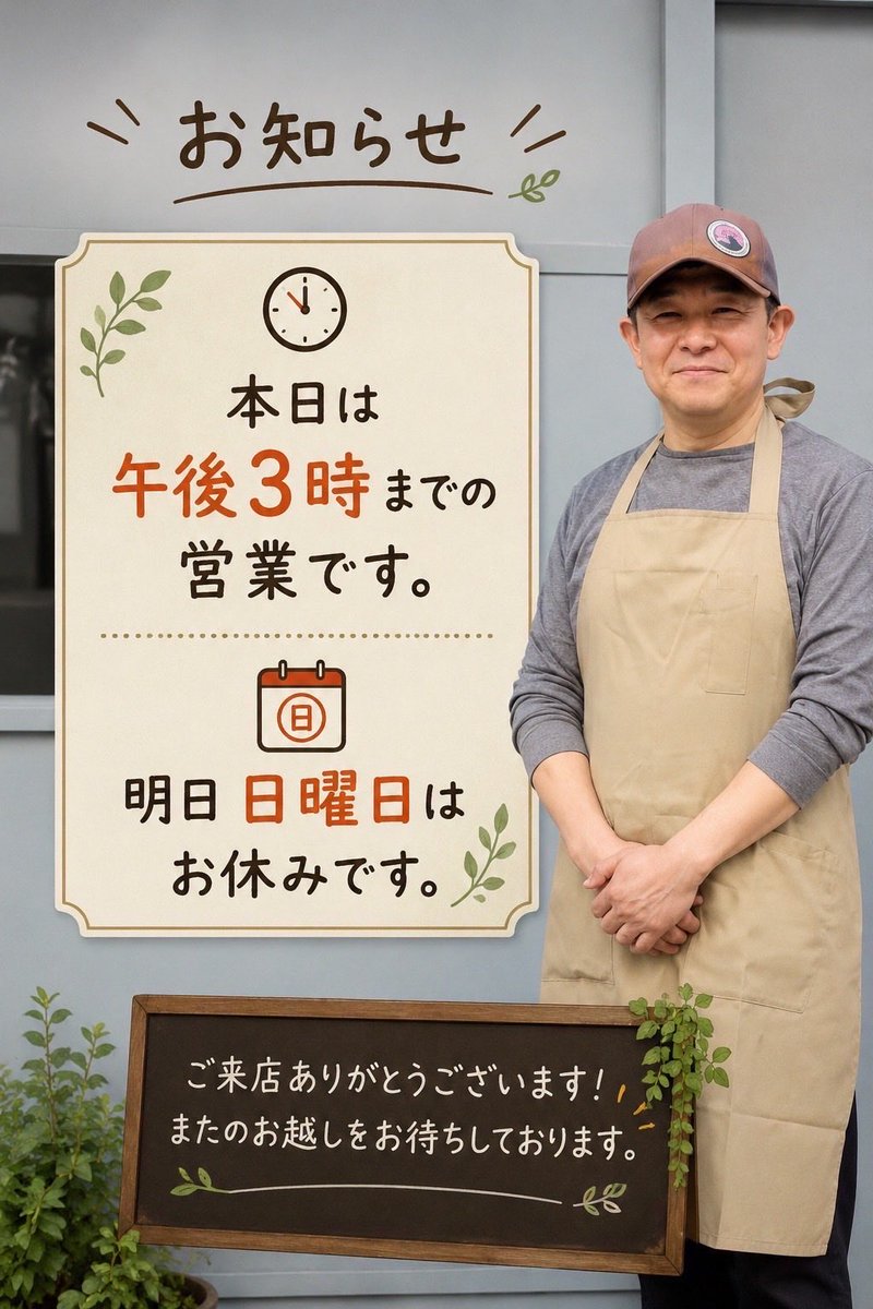kitchen_masa1's tweet photo. こんにちは☀️キッチンマサです👨‍🍳🇮🇹
今日は最高気温37℃💦午後からは雷雨の予報も出ています⚡️⛈️熱中症と急な雨にご注意を⚠️
⠀
本日は**【15:00まで】**の営業です🕒✨（明日は定休日⛱️）
※間借りのFlatさんもしばらくお休みとなります🙇‍♂️
⠀
暑さに負けない『マサパスタ』や爽やか『ジェノベーゼ』、2倍量の『スーパー大盛り』で皆様のエネルギーチャージを応援します🗻💪🔥
涼しい店内でお待ちしております🍳😊
⠀
📍府中市・晴見町商店街（府中駅/北府中駅から徒歩10分ちょっと👟💨）
🕒月〜金 11:00〜21:30 / 土曜 11:00〜15:00
⛱️日曜 定休（祝日は該当曜日に準ずる）