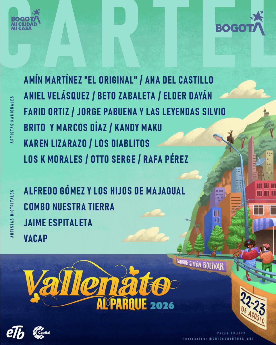 idartes's tweet photo. 🎤 Ya está aquí el cartel de #VallenatoAlParque2026. Leyendas del género, nuevas generaciones y artistas distritales se darán cita el 22 y 23 de agosto en el Parque Simón Bolívar. 

🎟️ Entrada libre | 🔞 Mayores de 18

#BogotáSuenaAVallenato https://t.co/7Mb0WwjYBs