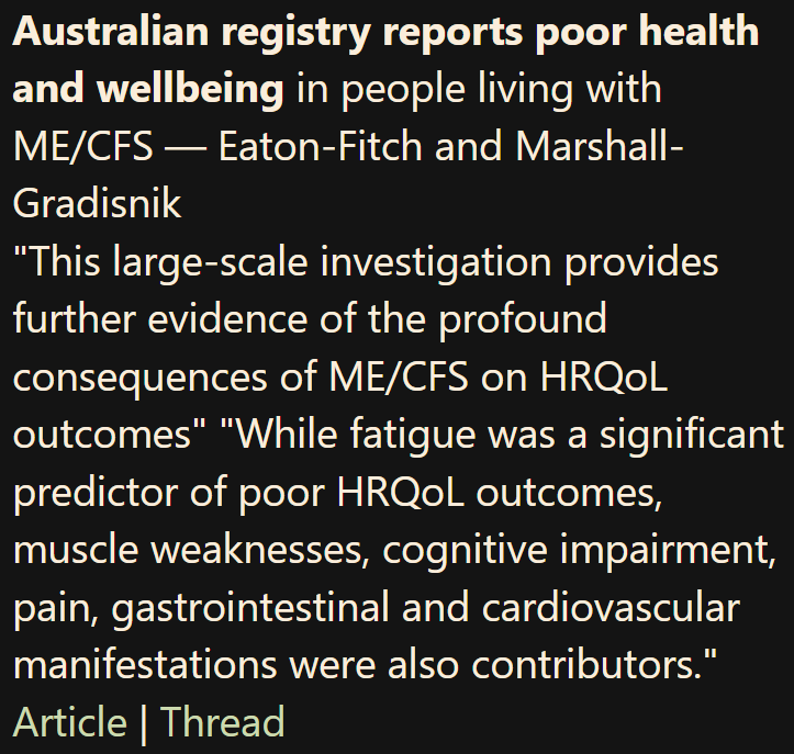 TomKindlon's tweet photo. Australian registry reports poor health and wellbeing in people living with ME/CFS by @NEatonfitch &amp; @SonyaGradisnik of @NCNEDResearch 

https://t.co/B5icurpq8t

HRQoL = Health-Related Quality of Life

Screenshot from latest Science for ME weekly update

#MEcfs #PwME https://t.co/XuqWtnJbEG