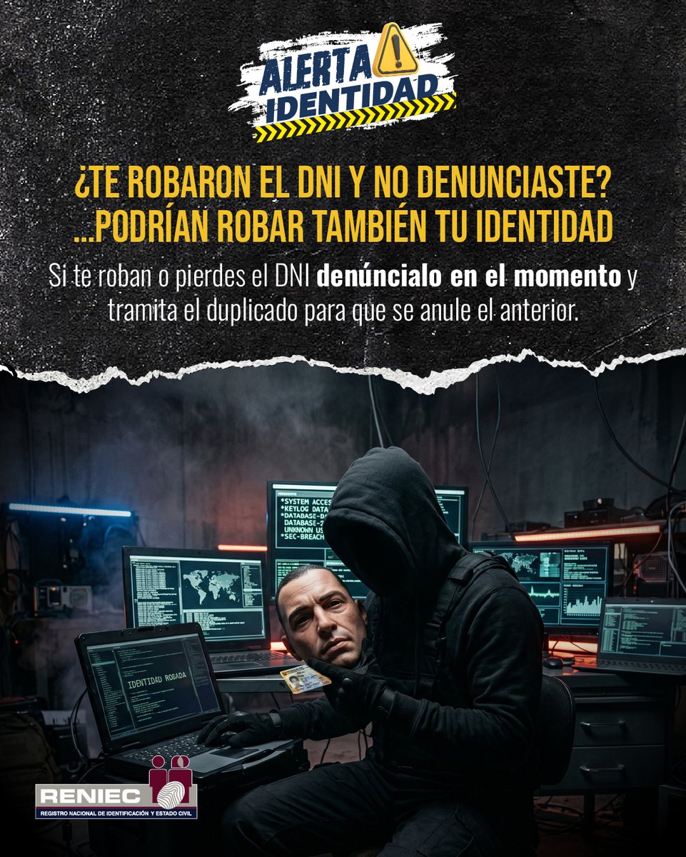 ReniecPeru's tweet photo. ⚠️ ¿Te robaron el DNI y aún no has realizado la denuncia? ¡No lo dejes pasar!
Tu identidad puede estar en riesgo. Denunciar el robo de tu DNI es un paso importante para protegerte frente a un posible uso indebido de tu información.
#AlertaIdentidad #IdentidadSegura #DNI https://t.co/oXXfd5iIwR