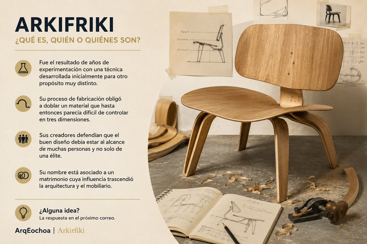 Arqeochoa's tweet photo. 🧠 #Arkifriki

¿Qué objeto, quién o quiénes son?

• Nació tras años de experimentación.• Su fabricación obligó a dominar el curvado de un material en 3D.• Sus creadores creían que el buen diseño debía ser accesible para todos. https://t.co/lPCtcblCMT