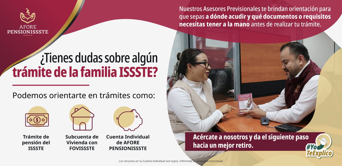 PENSIONISSSTE_'s tweet photo. 🤔 ¿Tienes dudas sobre algún trámite de la familia ISSSTE?

👩‍💼 Acércate a nuestros Asesores Previsionales y recibe orientación clara y personalizada. Con su acompañamiento podrás prepararte con anticipación, reunir los requisitos necesarios y realizar tu trámite de forma más ágil y sencilla.