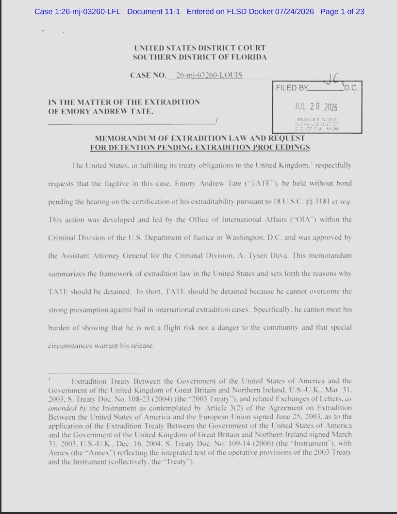 TateNews_'s tweet photo. 🚨🇺🇸 #BREAKING; U.S federal government has filed a memorandum in the SD of Florida requesting that Andrew Tate be held in federal detention without bond as the U.K.’s extradition request moves forward: https://t.co/FqetZkKMVH
