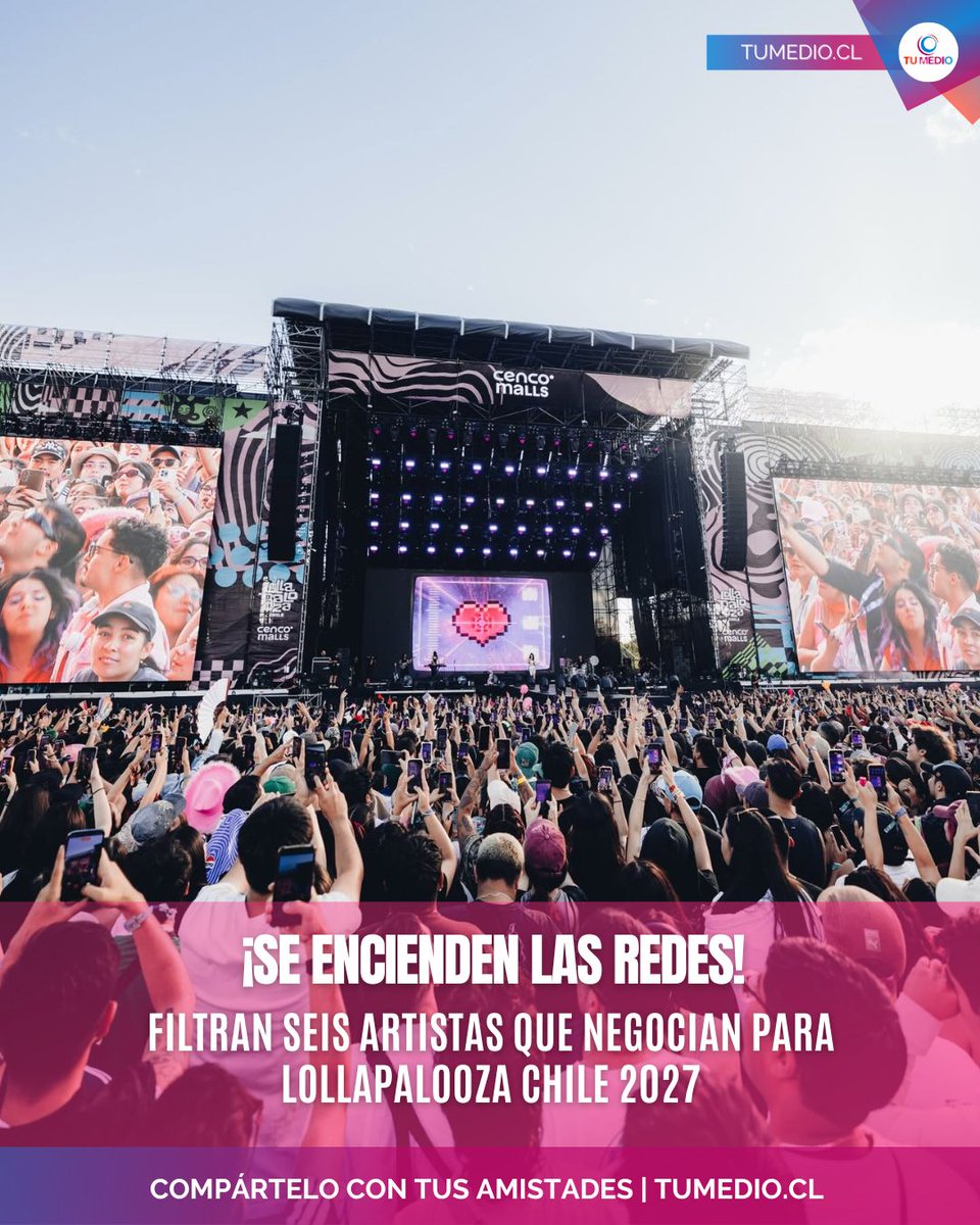 TuMedio's tweet photo. ¡PRIMERAS FILTRACIONES! 🪩🌵 Se revelan 6 nombres que estarían negociando para #LollaCL2027: Charli XCX, Jennie, Zara Larsson, The Neighbourhood, Sombr y Olivia Dean. 

#LollapaloozaChile #LollaCL #Lolla2027 #CharliXCX #JENNIE 

📸: Facebook / Lollapalooza Chile https://t.co/Q19MntsbgI