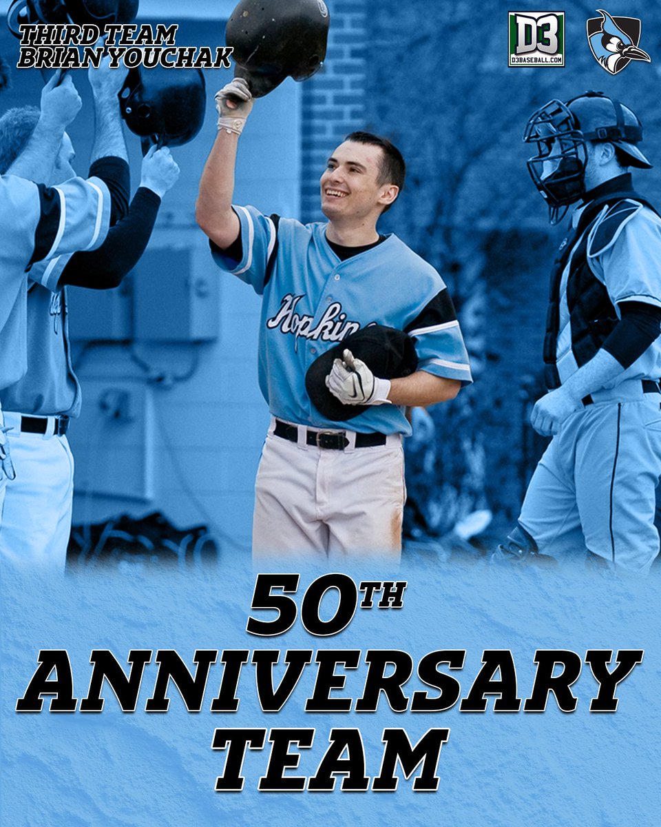 JHUBaseball's tweet photo. 5⃣0⃣ Years of @NCAADIII baseball, and one of 𝗢𝗨𝗥𝗦 made the cut ⚾️🔥

Congrats to Brian Youchak on being named to the @d3baseball 50th Anniversary Team ‼️💎

#GoHop https://t.co/ZSwOeWUGm2