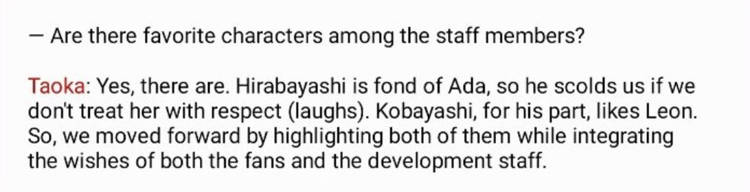 affectionwong's tweet photo. Hirabayashi (producer of Veronica, RE4R, RE2R and RE6) shared that Ada Wong is his favourite character and he scolds developers if they don’t treat her nicely 😭😭 https://t.co/XRkFlmb51o