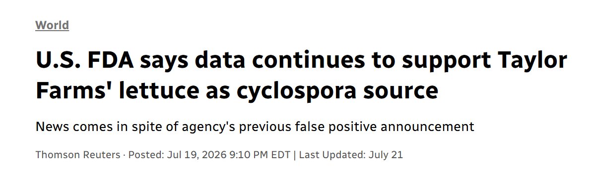 peggy_blair's tweet photo. For all the people responding to my post about seeing Taylor Farms salad at my local grocery store saying that the FDA apologized to Taylor Farms for the false positive and Taylor Farms is fine. 
Uh, no ... FDA has confirmed they're the source. Again.
https://t.co/c6h5xze3V4 https://t.co/4mVEDxyCcC