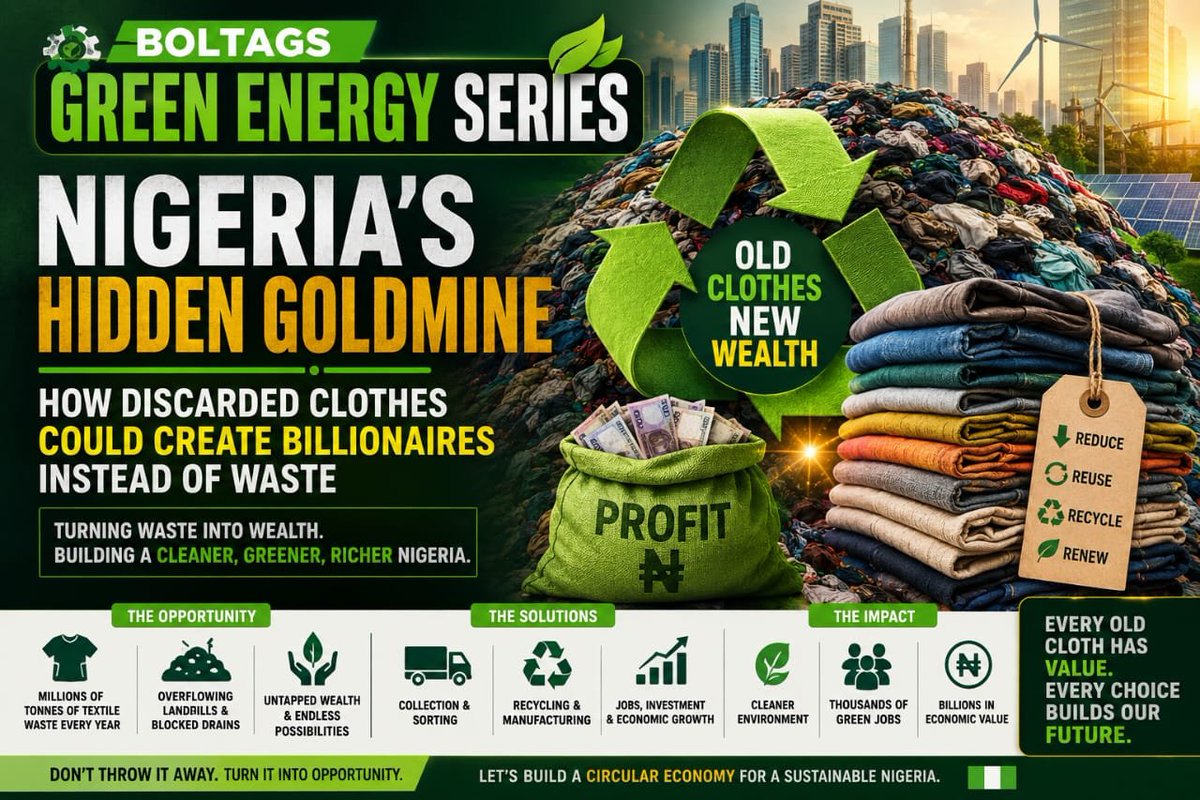 adebamiwamike's tweet photo. *Nigeria's Hidden Goldmine - How Discarded Clothes Could Create Billionaires Instead of Waste - https://t.co/TsDXWyGOuE*
Nigeria is no exception. Every year, households, fashion designers, hotels, hospitals, textile factories, and markets generate huge...
https://t.co/7TeUFRpkSN https://t.co/QAcMIH5QRp