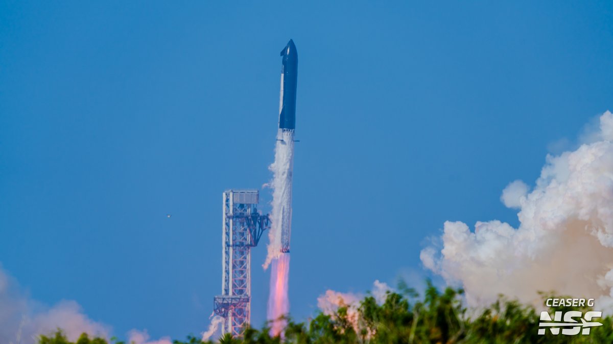 CeaserG33's tweet photo. SpaceX Starship Flight 13 has successfully lifted off from Starbase, Texas.
Under clear blue skies, Super Heavy booster’s 33 Raptor engines ignited cleanly, sending the vehicle on a picture-perfect ascent.
@NASASpaceflight https://t.co/vLMF5n08Rw