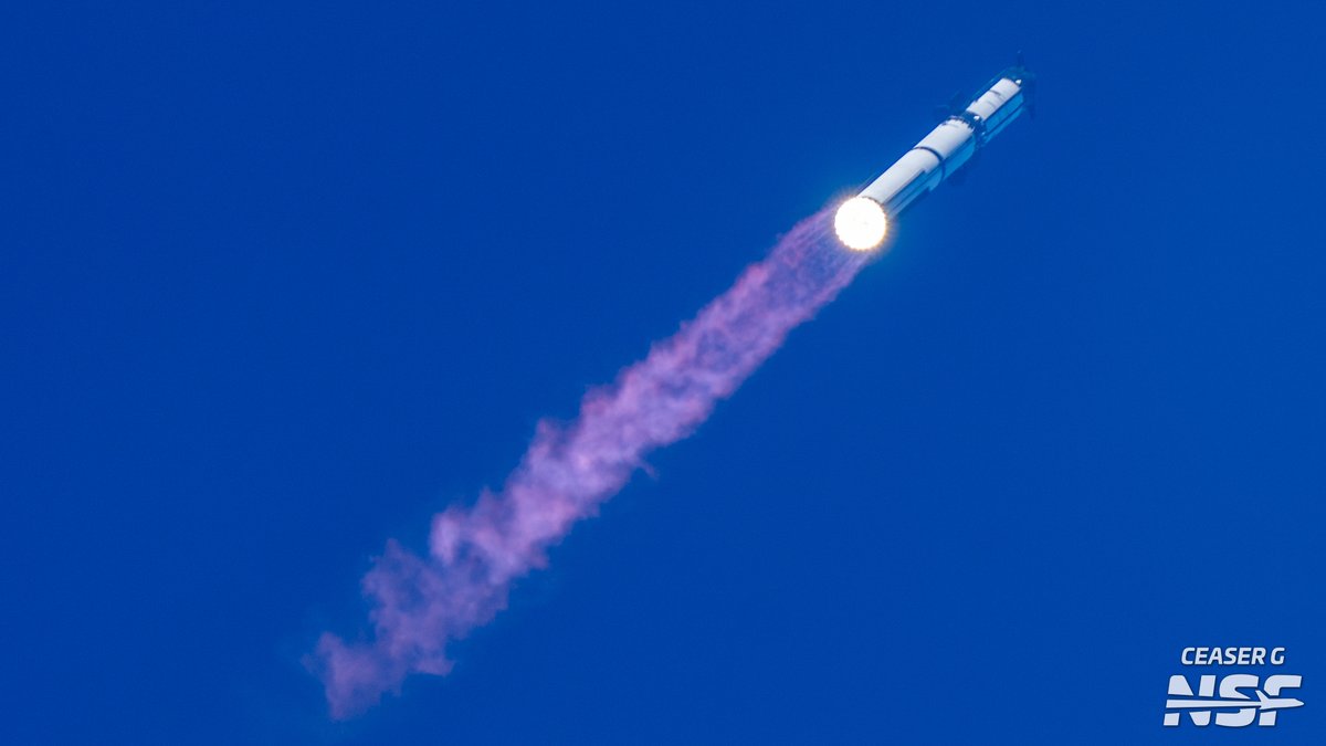 CeaserG33's tweet photo. SpaceX Starship Flight 13 has successfully lifted off from Starbase, Texas.
Under clear blue skies, Super Heavy booster’s 33 Raptor engines ignited cleanly, sending the vehicle on a picture-perfect ascent.
@NASASpaceflight https://t.co/vLMF5n08Rw