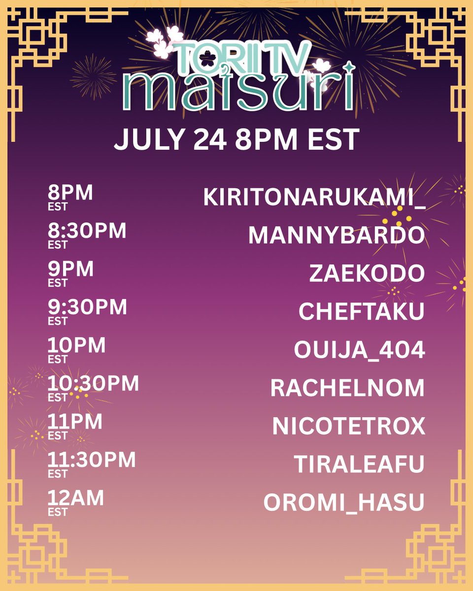 ToriiTVOfficial's tweet photo. 🎶 30 minutes until Torii TV Matsuri Concert 🎉🎆🎊

Here's the official schedule! See you all soon! 

Find us on https://t.co/Chc9CCDQvk
🗓️ July 24, 2026
⏱️ 5:00PM PST / 8:00PM EST
🎆 Join our #ToriiTVMatsuri2026 https://t.co/JS0o4uTsIE