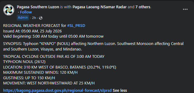 eggwardjwx's tweet photo. REGIONAL WEATHER FORECAST for #SL_PRSD
Issued At: 05:00 AM, 25 July 2026
Valid Beginning: 5:00 AM today until 05:00 AM tomorrow https://t.co/V6fdMZxHTp