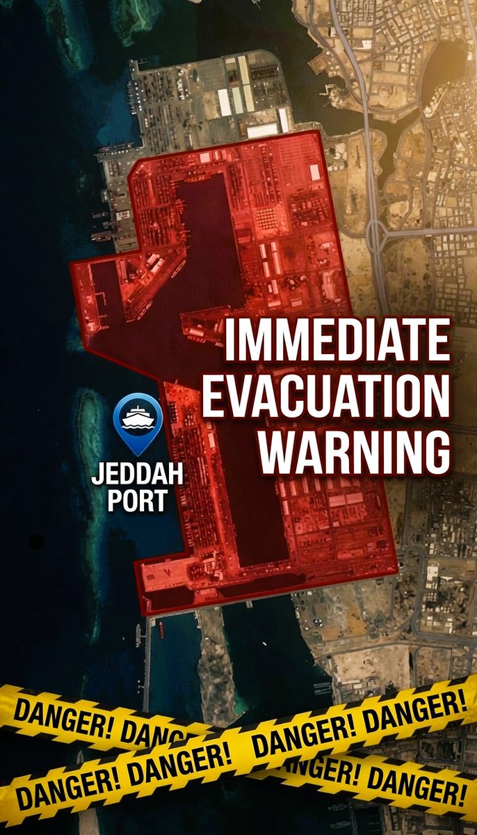 RealTimeAkhbar's tweet photo. 🚨Urgent warning to workers at Jeddah port: You must evacuate the port immediately . https://t.co/i7Mv9cKH8n
