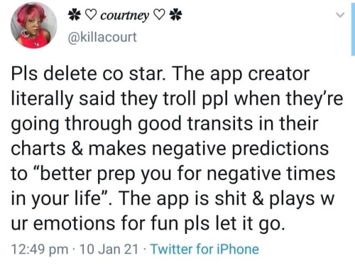 itsbleekerxox's tweet photo. @jzux they have NEVER had astrologers on their team to begin with. they admitted to literally making their app based on manipulating and trolling you by giving false reads to elicit an emotional response for fun. https://t.co/ngBN62FDXw