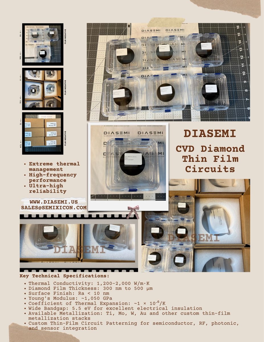 DiamondSemi's tweet photo. DIASEMI:Diamond Thin Film Circuits
https://t.co/uA2KnswaVF
sales@semixicon.com
#CVDDiamond #DiamondThinFilm #DiamondMembrane #ThinFilmCircuits #DiamondSubstrate #UltraThinDiamond #SemiconductorMaterials #ThermalManagement #HighThermalConductivity #HeatSpreader #GaNOnDiamond #GaN https://t.co/nb3Nr6pzGS