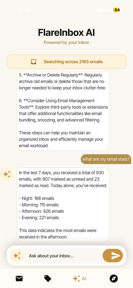 Flareinbox's tweet photo. Imagine asking your inbox:

"What were my biggest expenses this month?"

"Summarize today's newsletters."

"Which subscriptions haven't I opened recently?"

That's the future we're building with FlareInbox.

AI that understands your inbox—not just searches it.

https://t.co/v9X6guFd5g