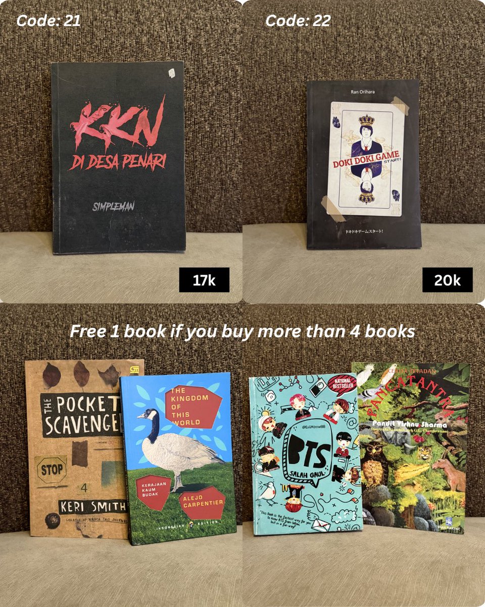 pjsstarkk's tweet photo. UPDATE!

wts preloved novel!
bisa orenn, harga excl. admin.

ALL bukunya ditinggal di gudangg, so the pages udh kuningg" kyk old books, but still readable ofc

if u're interested or would like to see the condi, feel free to dm me! https://t.co/QUkHyxRvNB