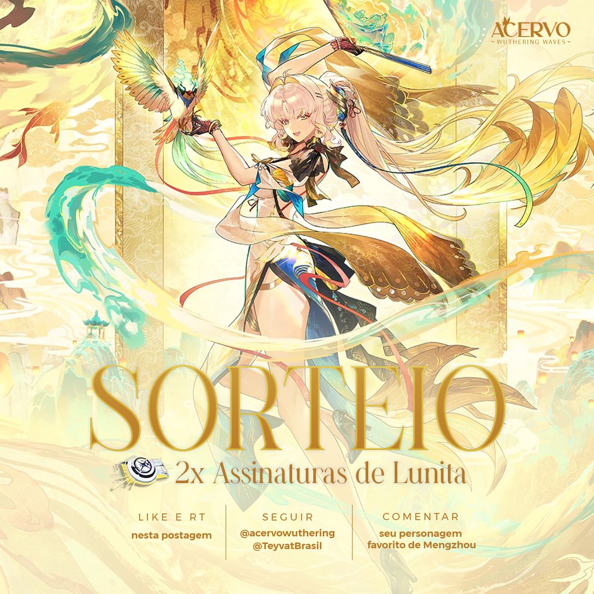 acervowuthering's tweet photo. ✦ Sorteio de 2x Assinaturas de Lunita ✦

Requisitos para participar:
➫ Curtir e dar RT nesse post
➫ Seguir o @acervowuthering
➫ Seguir a @TeyvatBrasil
➫ Comente seu último personagem 5 Estrelas

O sorteio se encerra no dia 15/08 às 00h e o resultado será divulgado no dia 16/08 em forma de vídeo.

Boa sorte ☘︎
#WutheringWaves #WutheringWavesBR