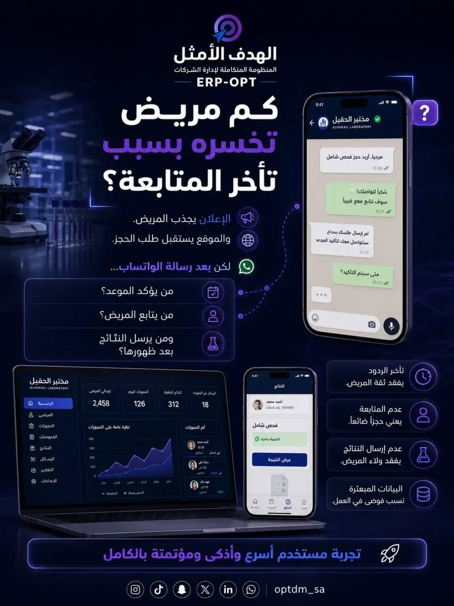 optdm_sa's tweet photo. مختبرك يحتاج أكثر من موقع إلكتروني... يحتاج منظومة متكاملة.
من أول حجز للمريض، مرورًا بالدفع، وإدارة الفحوصات، وإرسال النتائج، وحتى المتابعة عبر الواتساب... كل شيء يعمل معًا في نظام واحد.

#الهدفــ_الامثلــ_للاسويقــ🎯
#مختبرات #إدارة_المختبرات #ERP #CRM https://t.co/Yx8nuJJeMD
